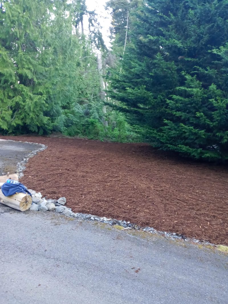 Bark & Mulch for Mill Creek homeowners — Fresh bark mulch bed with river-rock border installed by ZNS Landscaping